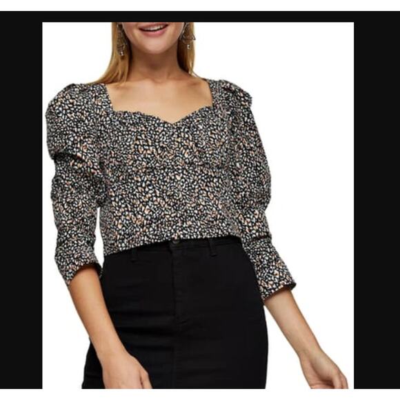 TOPSHOP new blouse Size 8 Medium crop top abstract side zip pouf 3/4 sleeve - Picture 1 of 7